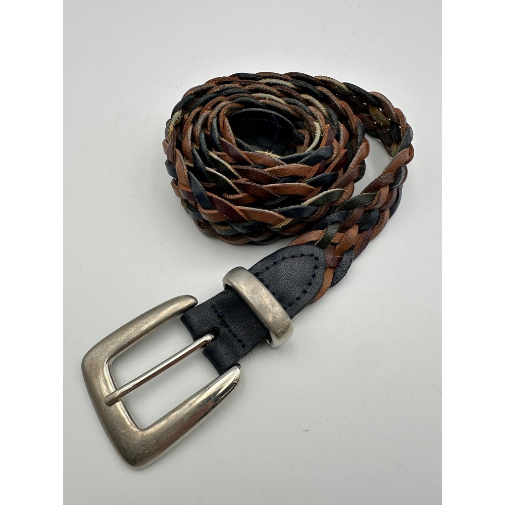 Vintage Braided Leather Belt XL Multicolor Brown Navy Western Boho Casual Silver